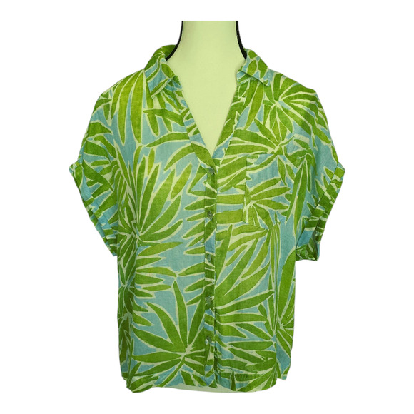 Sigrid Olsen Top Womens Size Medium Green/ Blue Palm Leaf 100% Linen Button Up - Picture 1 of 10
